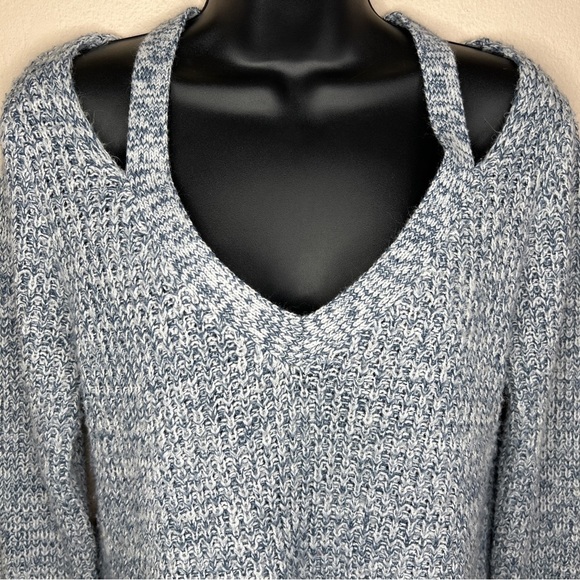 Large Derek Heart Blue White Knit V Neck Sweater Cold Shoulder  Casual - Picture 3 of 8
